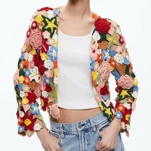 Alice + Olivia Fawn Collage Crochet Cardigan Sweater Cotton Floral XS S